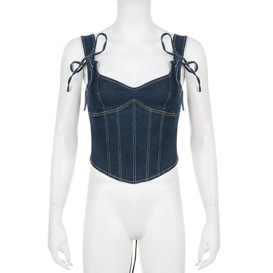 Stitch denim lace up sleeveless self tie low cut corset top