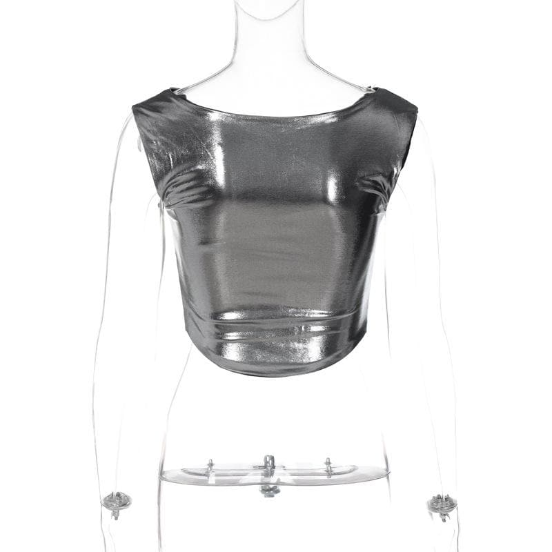 Top corto con scollo a cappuccio e maniche a cappuccio metalliche arricciate