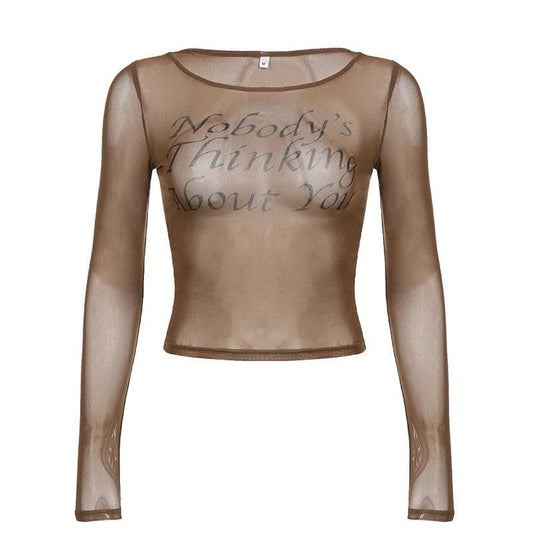 Long sleeve round neck sheer mesh see through top