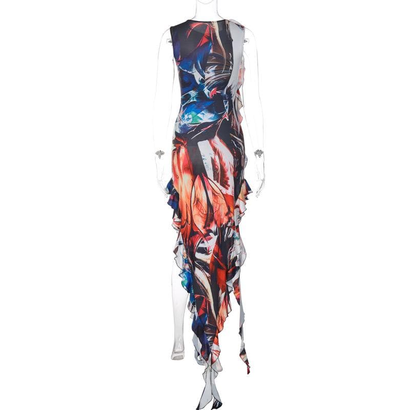 Ärmelloses Maxikleid mit Blumenapplikation und Kontrastdruck
