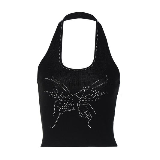 Beaded halter u neck ribbed backless crop top