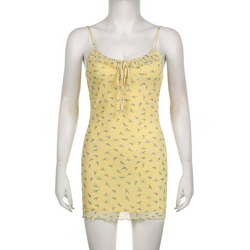 Gerafftes Mesh-Rüschen-Minikleid zum Selbstbinden mit Blumenmuster