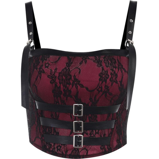 Square neck backless smocked lace buckle contrast crop top