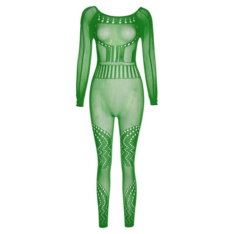 Fishnet long sleeve hollow out backless solid see through jumpsuit