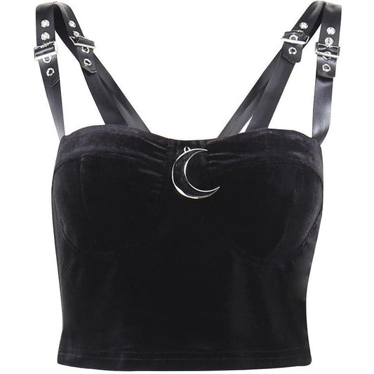Backless low cut moon applique buckle velvet solid crop top