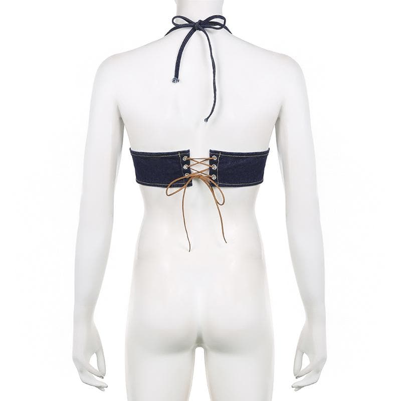Top corto in denim con scollo a V, fibbia a contrasto con cuciture, lacci e schiena scoperta