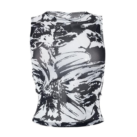 Ärmelloses, durchsichtiges Oberteil mit abstraktem Druck und kontrastierendem, transparentem Netzstoff