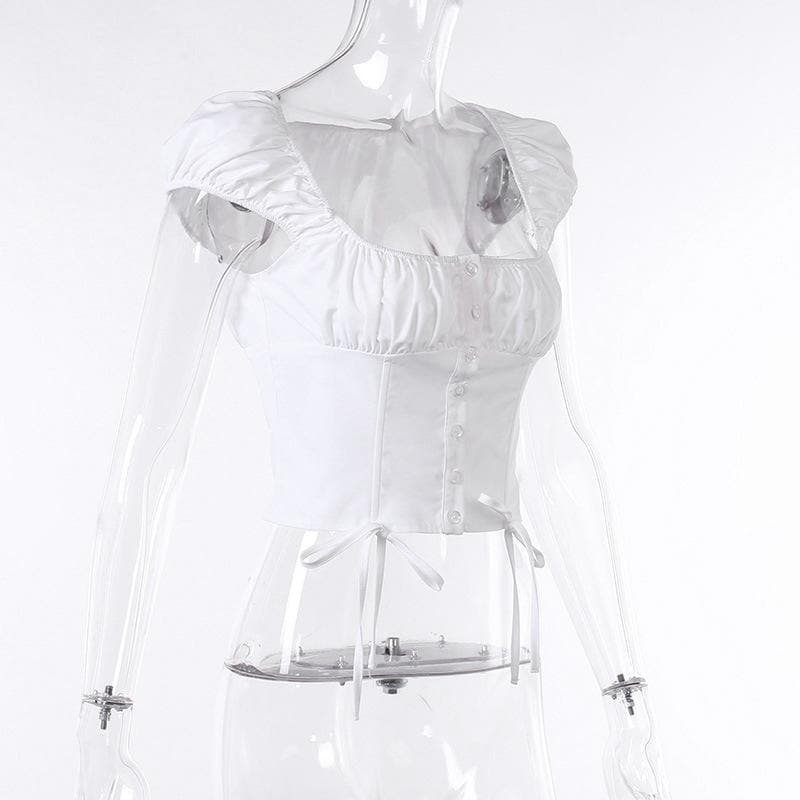 Button cap sleeve solid ruched square neck crop top