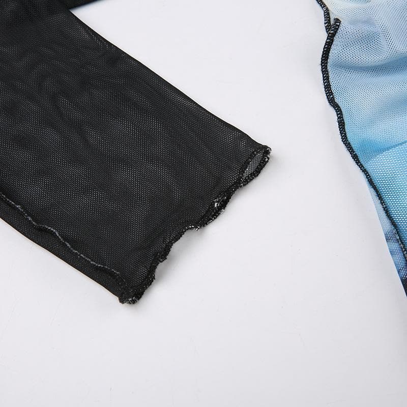 Drawstring long sleeve sheer mesh see through ruched contrast top