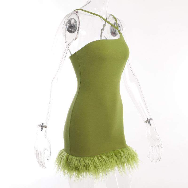 Solid irregular feather patchwork backless mini dress