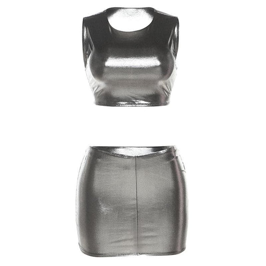 Metallic sleeveless round neck mini skirt set