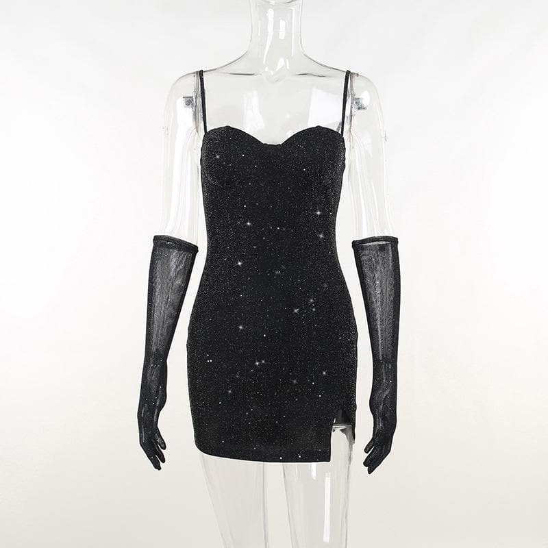 Minikleid mit Camisole-Ausschnitt und Schlitz mit Perlen und Handschuhen - Schlussverkauf