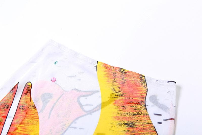 Sheer mesh see through contrast print long sleeve maxi skirt set