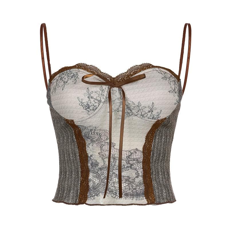 Top canotta patchwork con scollo a cuore e orlo in pizzo a contrasto