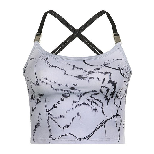 Cross back buckle u neck backless contrast print crop top