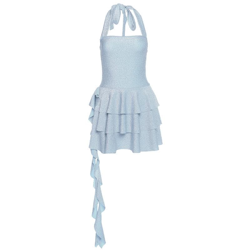 Solid halter textured pleated self tie backless mini dress