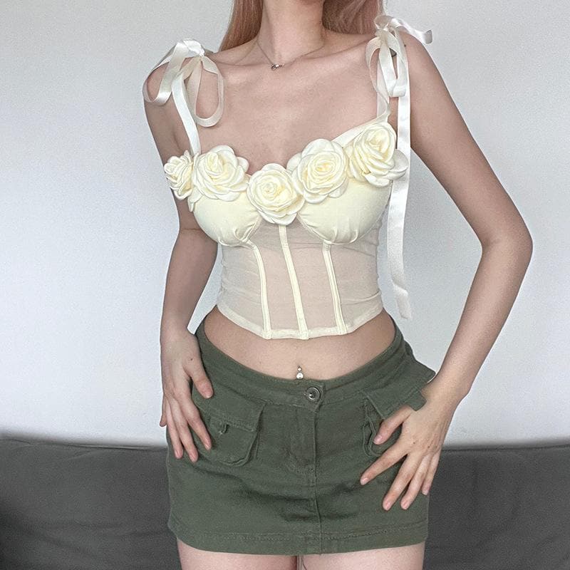 Top corto bustier con schiena scoperta e applicazione di fiori in rete