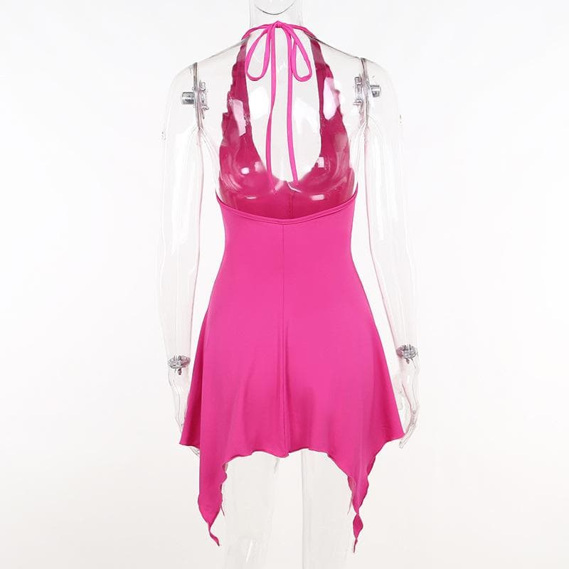 Neckholder-Minikleid mit Blumenapplikation und rückenfreiem Rüschen-U-Ausschnitt