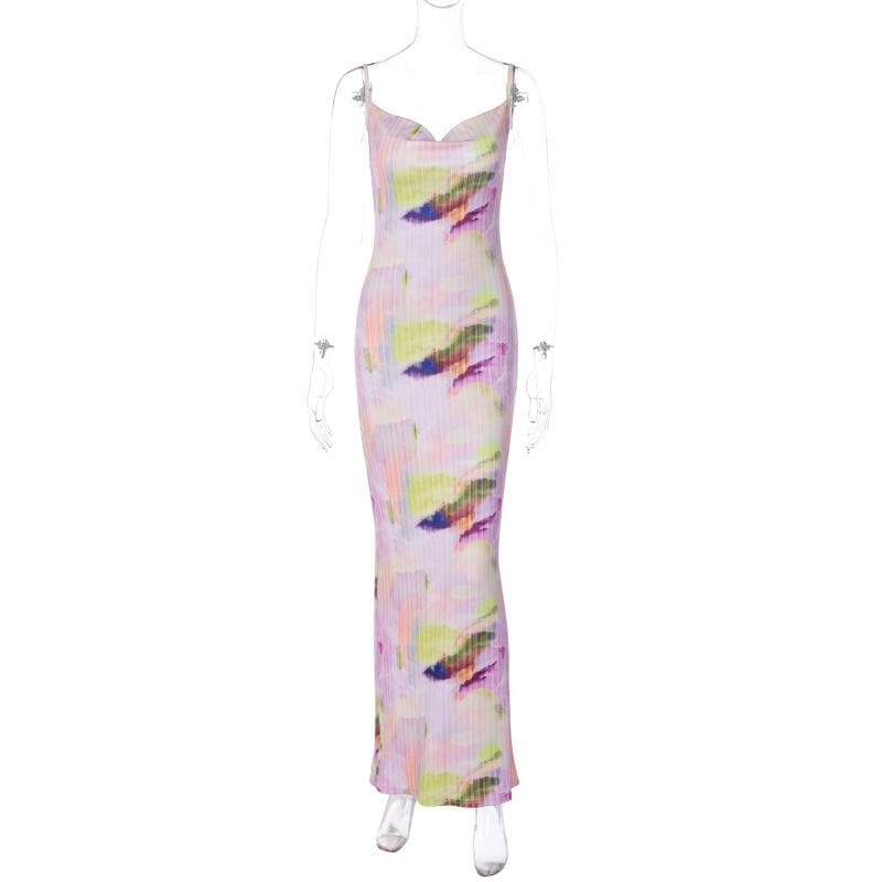 Rückenfreies Maxikleid mit Wasserfallausschnitt, V-Ausschnitt und Kontrastdruck