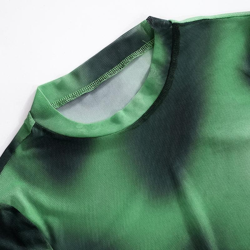 Maglia a rete trasparente con stampa tie-dye a maniche lunghe e scollo rotondo a contrasto