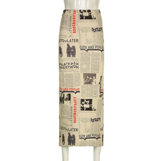 Contrast newspaper print high rise slit midi skirt