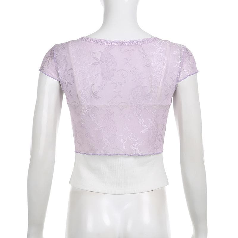 Top corto con volant e maniche a cappuccio in patchwork di pizzo a contrasto