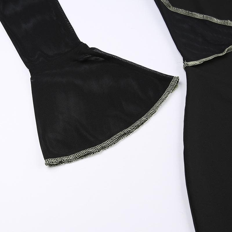 Stitch mesh flared sleeve contrast patchwork mini dress
