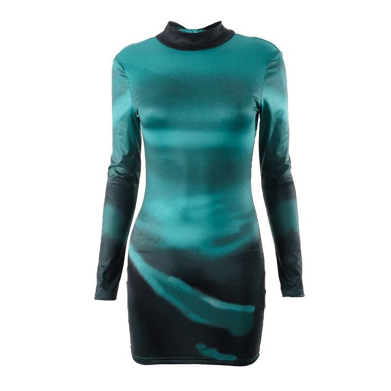 Hochgeschlossenes, langärmliges, rückenfreies Minikleid mit Farbverlauf zum Selbstbinden