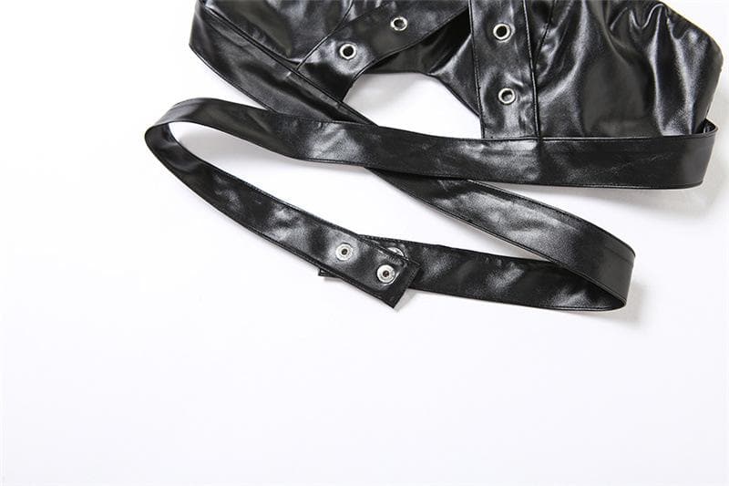Cross front backless button PU leather hollow out crop top