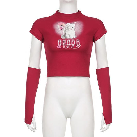 High neck short sleeve gloves cat pattern crop top