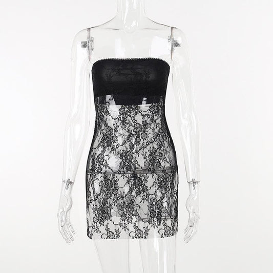 Lace see through solid slit backless tube dress