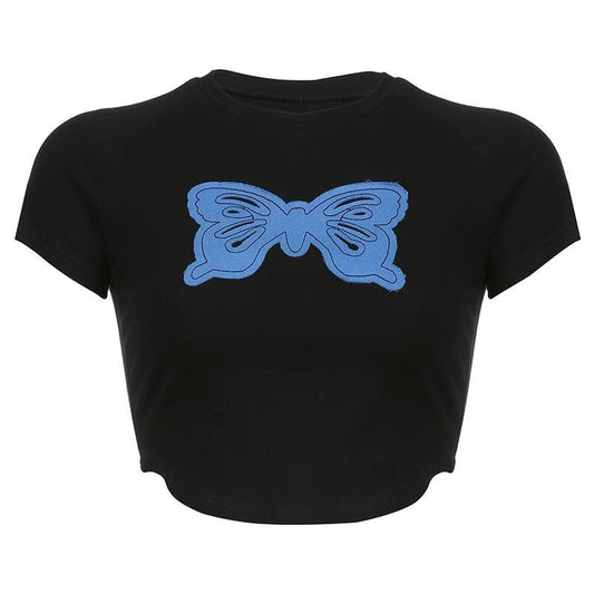 Butterfly patchwork contrast short sleeve crop top