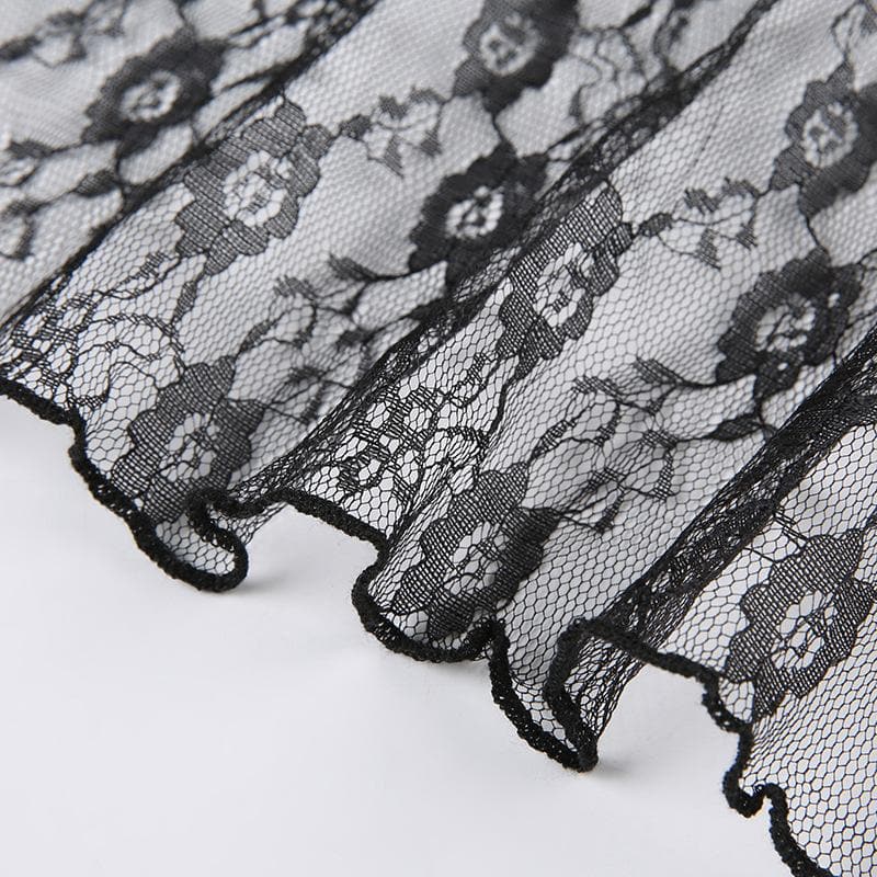Lace short sleeve button see through ruffle solid top