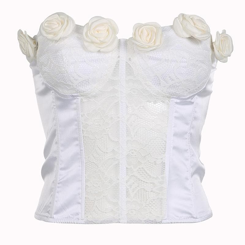 Top a tubino senza schienale con applicazioni di fiori in pizzo e bottoni patchwork