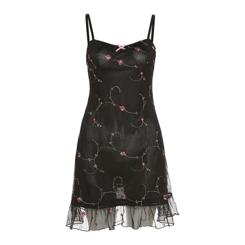 Rückenfreies Minikleid mit Rüschen aus Netzstoff, Blumenstickerei und kontrastierendem Camisole