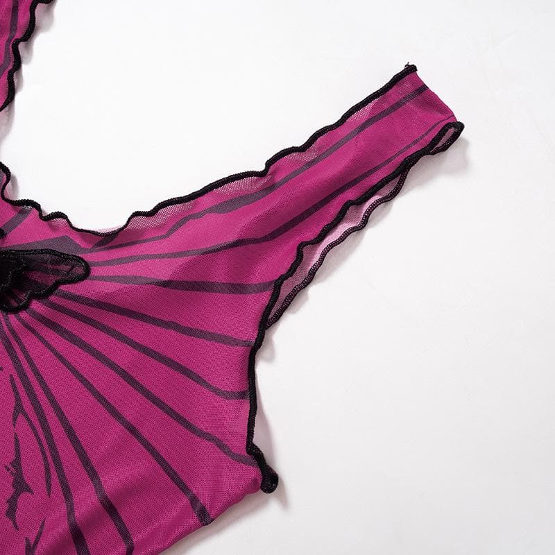 Sleeveless u neck ruffle sheer mesh see through butterfly applique top
