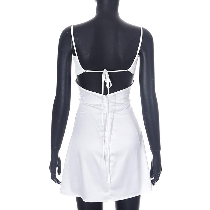 Solid lace hem ruched self tie backless slit cami mini dress