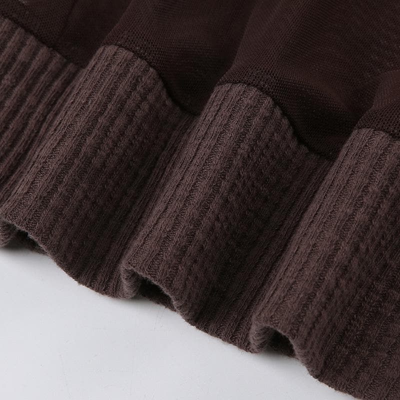 Off shoulder metal tag mesh patchwork knitted top