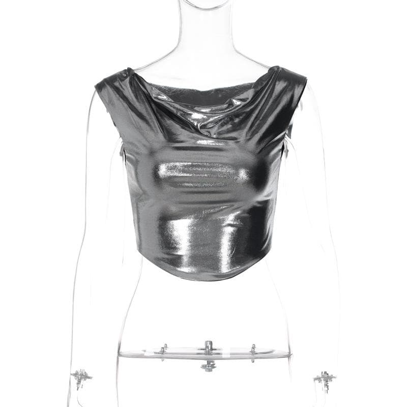 Top corto con scollo a cappuccio e maniche a cappuccio metalliche arricciate