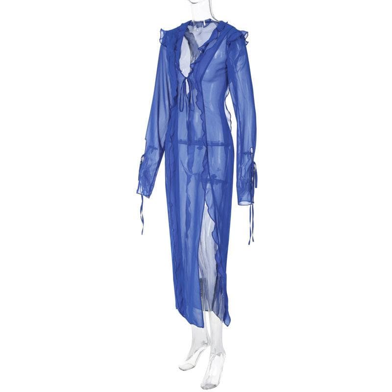 Durchsichtiges, langärmliges Maxikleid aus Chiffon mit V-Ausschnitt und Schlitz zum Selbstbinden