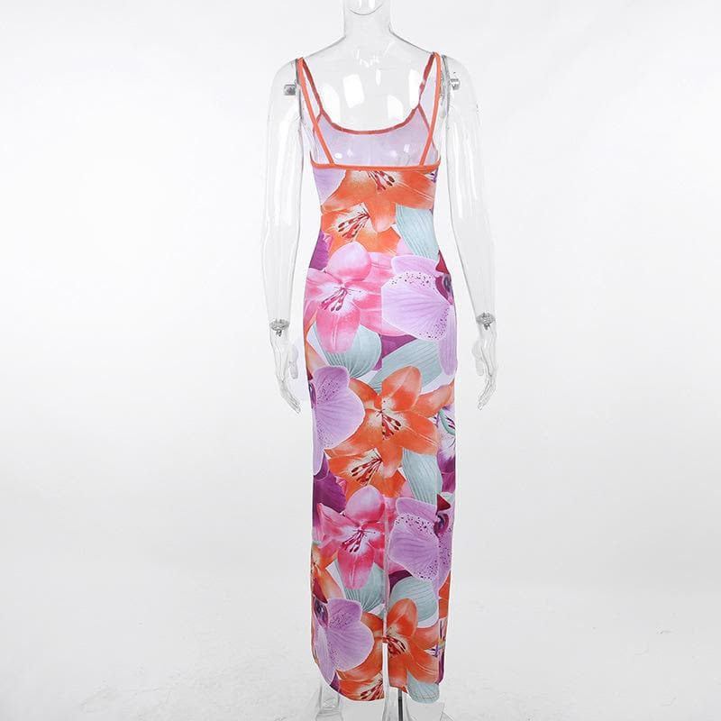 Rückenfreies Maxikleid mit Camisole-Ausschnitt und Blumenmuster in Kontrastfarbe
