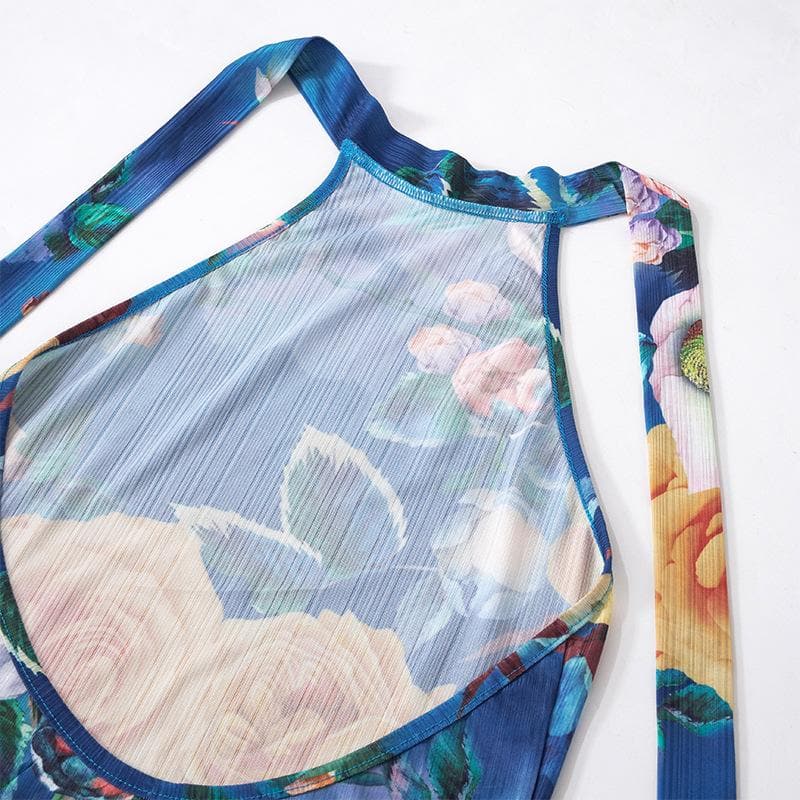 Rückenfreies Maxikleid aus transparentem Netzstoff mit Blumenmuster und Neckholder in Kontrastfarbe zum Binden