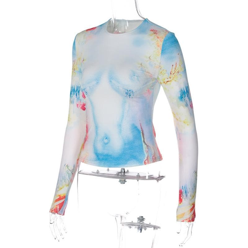 Top a maniche lunghe con stampa floreale a contrasto e scollo rotondo