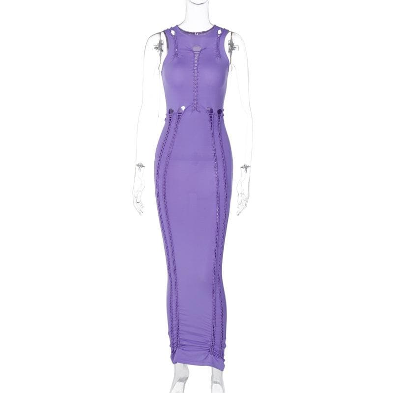 Crewneck sleeveless hollow out solid ruched maxi dress