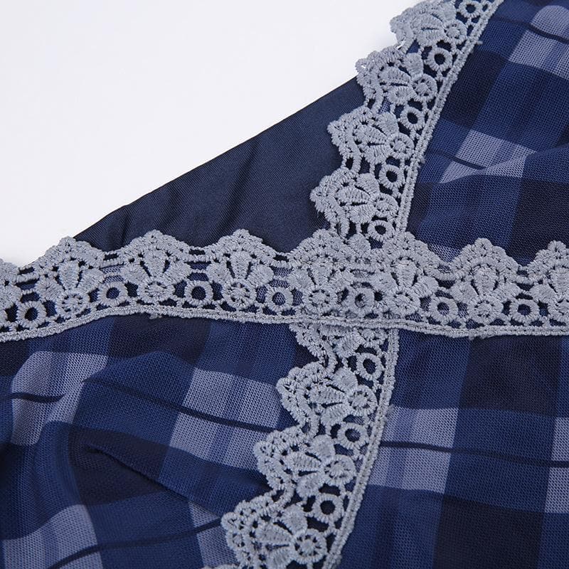 Kariertes, kontrastierendes Spitzensaum-Minikleid aus Netzstoff mit V-Ausschnitt und kurzen Ärmeln