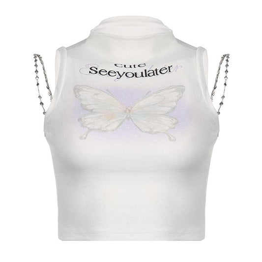 Metal chain high neck sleeveless butterfly pattern crop top