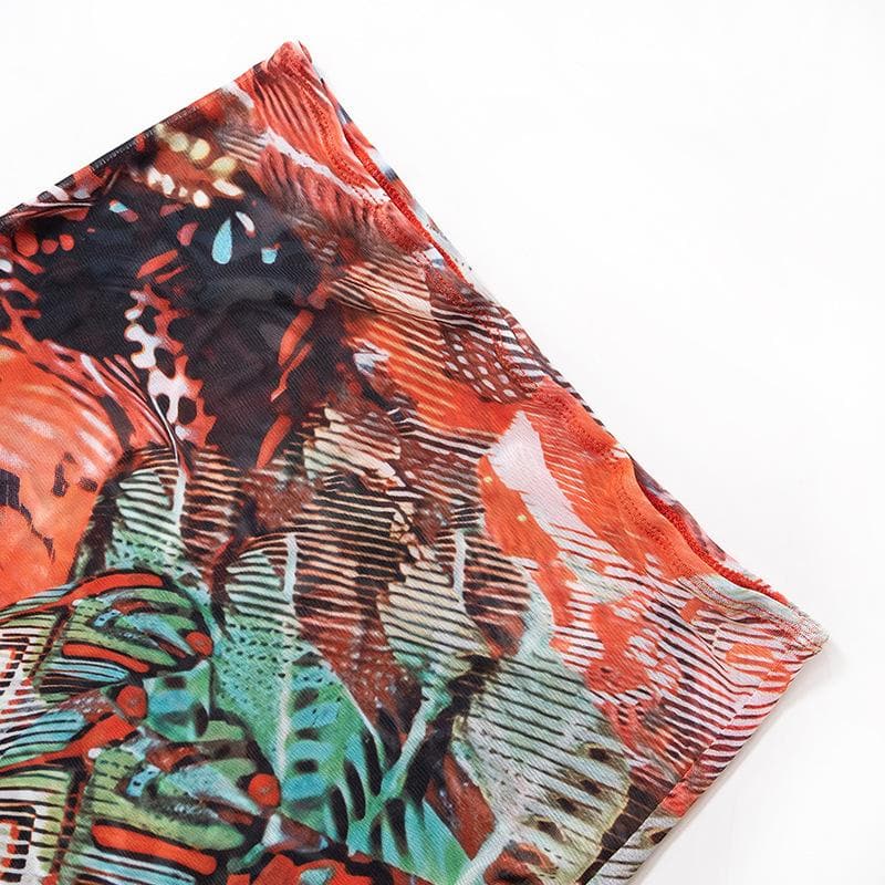 Abstract Print Sheer Mesh Long Sleeve Gloves Contrast Maxi Skirt Set