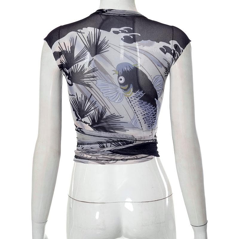 Sheer mesh see through contrast v neck self tie cap sleeve crop top