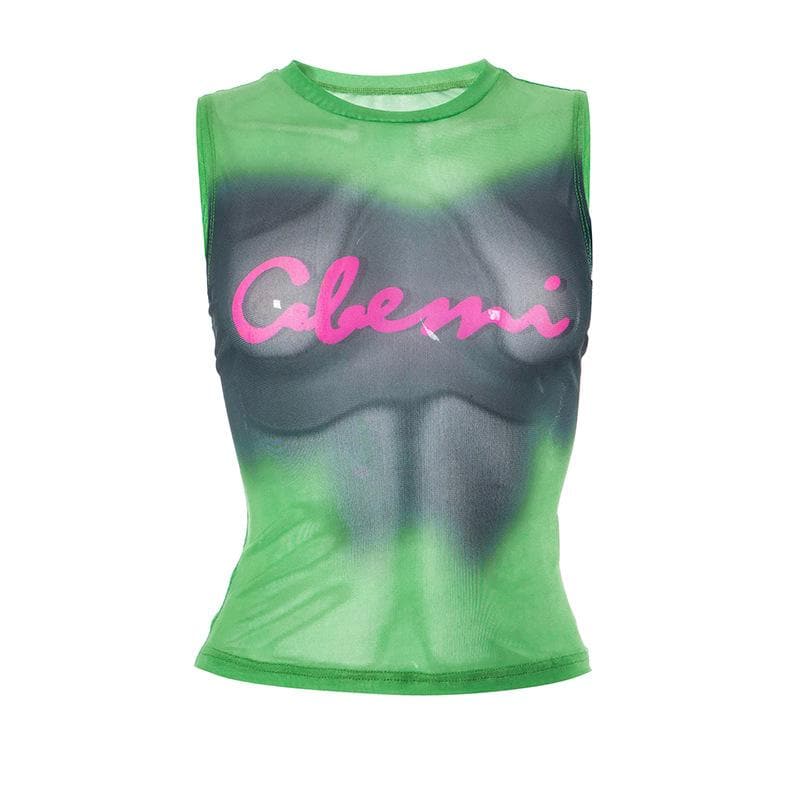 Sheer mesh see through tie dye sleeveless contrast top