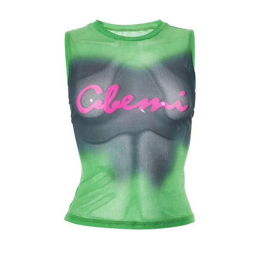 Sheer mesh see through tie dye sleeveless contrast top